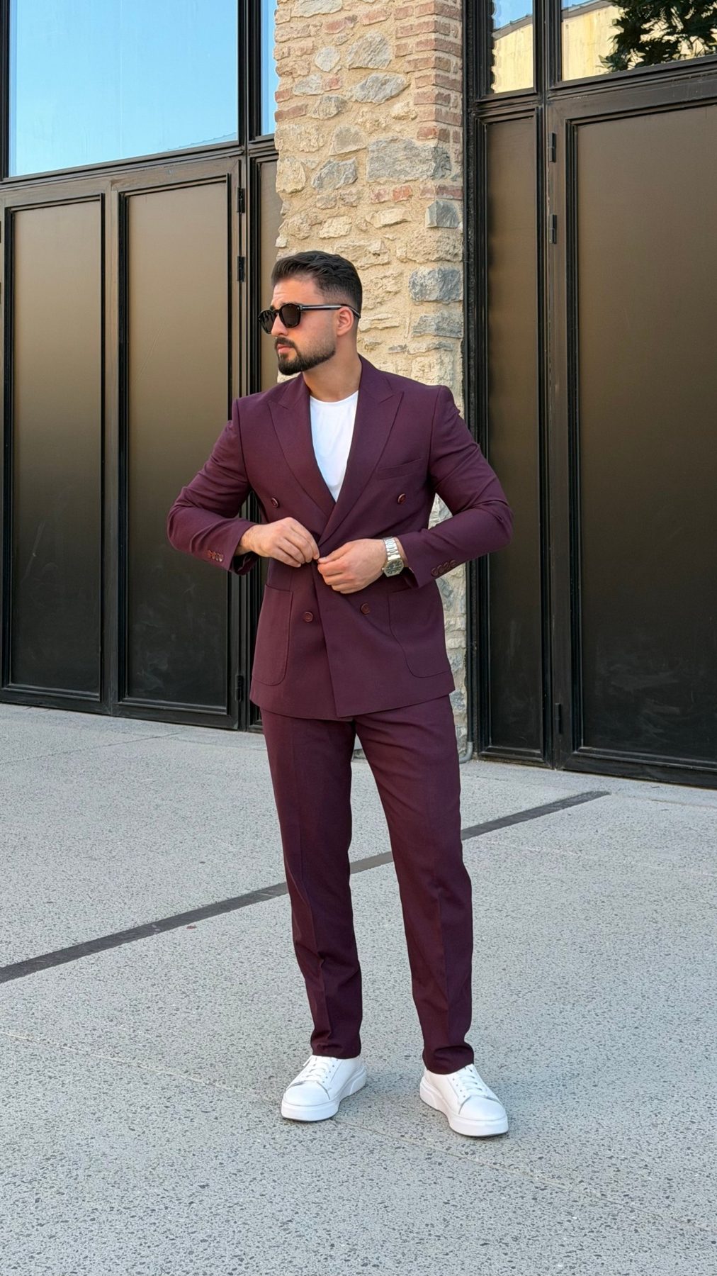 Men's burgundy double-breasted suit buttoned full-length view