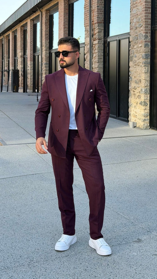 Men's burgundy double-breasted two-piece suit full front view
