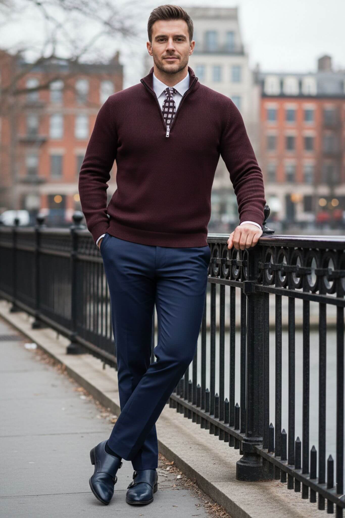 Men's Burgundy Quarter - Zip Sweater | Ribbed Knit Slim Fit - SUITHARBOR