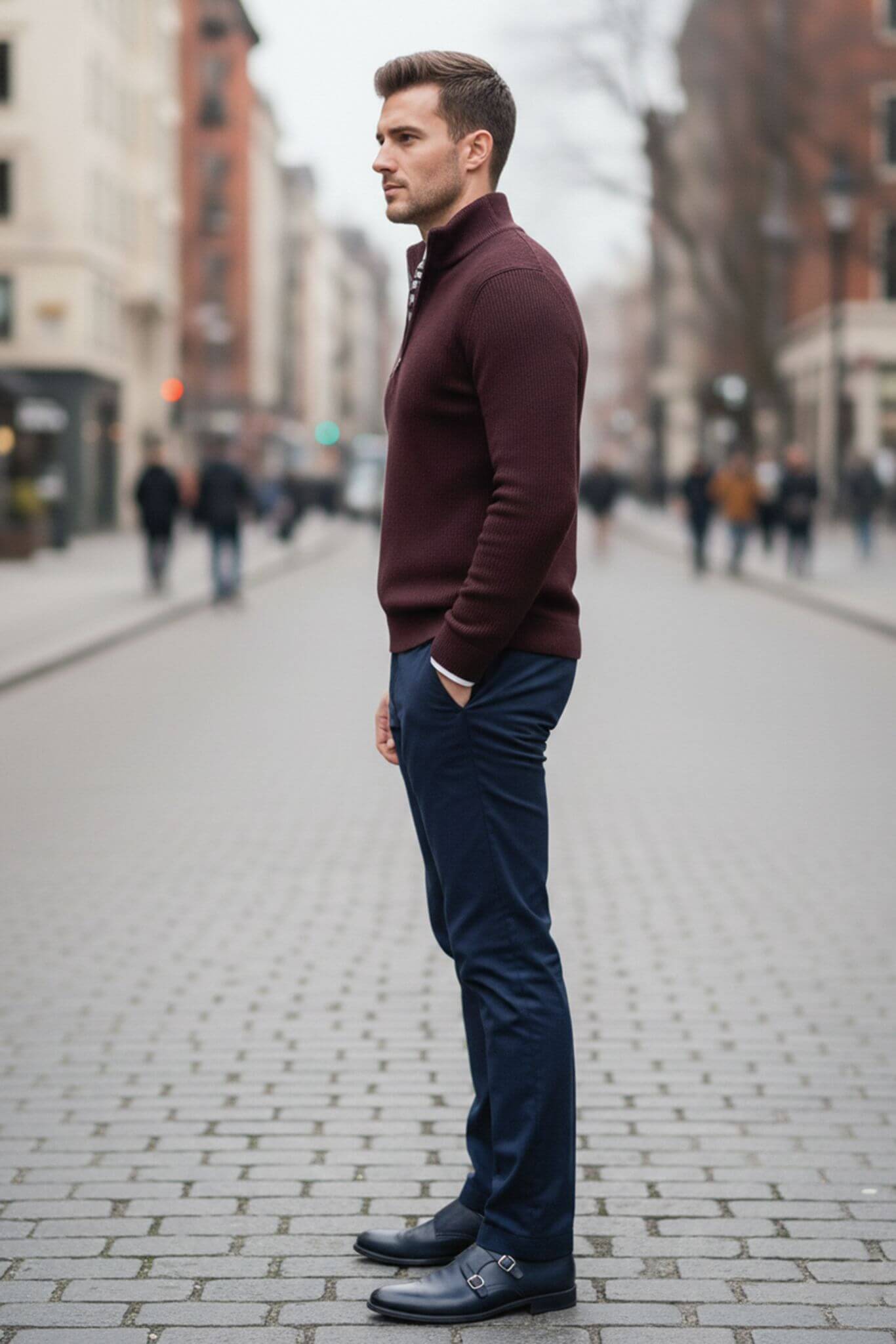 Men's Burgundy Quarter - Zip Sweater | Ribbed Knit Slim Fit - SUITHARBOR