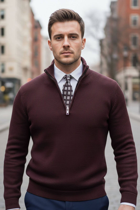 Men's Burgundy Quarter - Zip Sweater | Ribbed Knit Slim Fit - SUITHARBOR