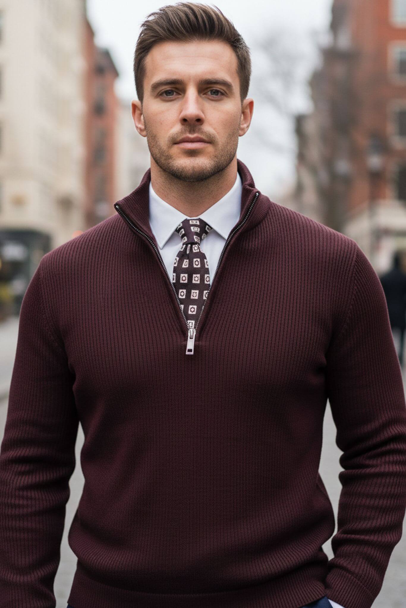 Men's Burgundy Quarter - Zip Sweater | Ribbed Knit Slim Fit - SUITHARBOR