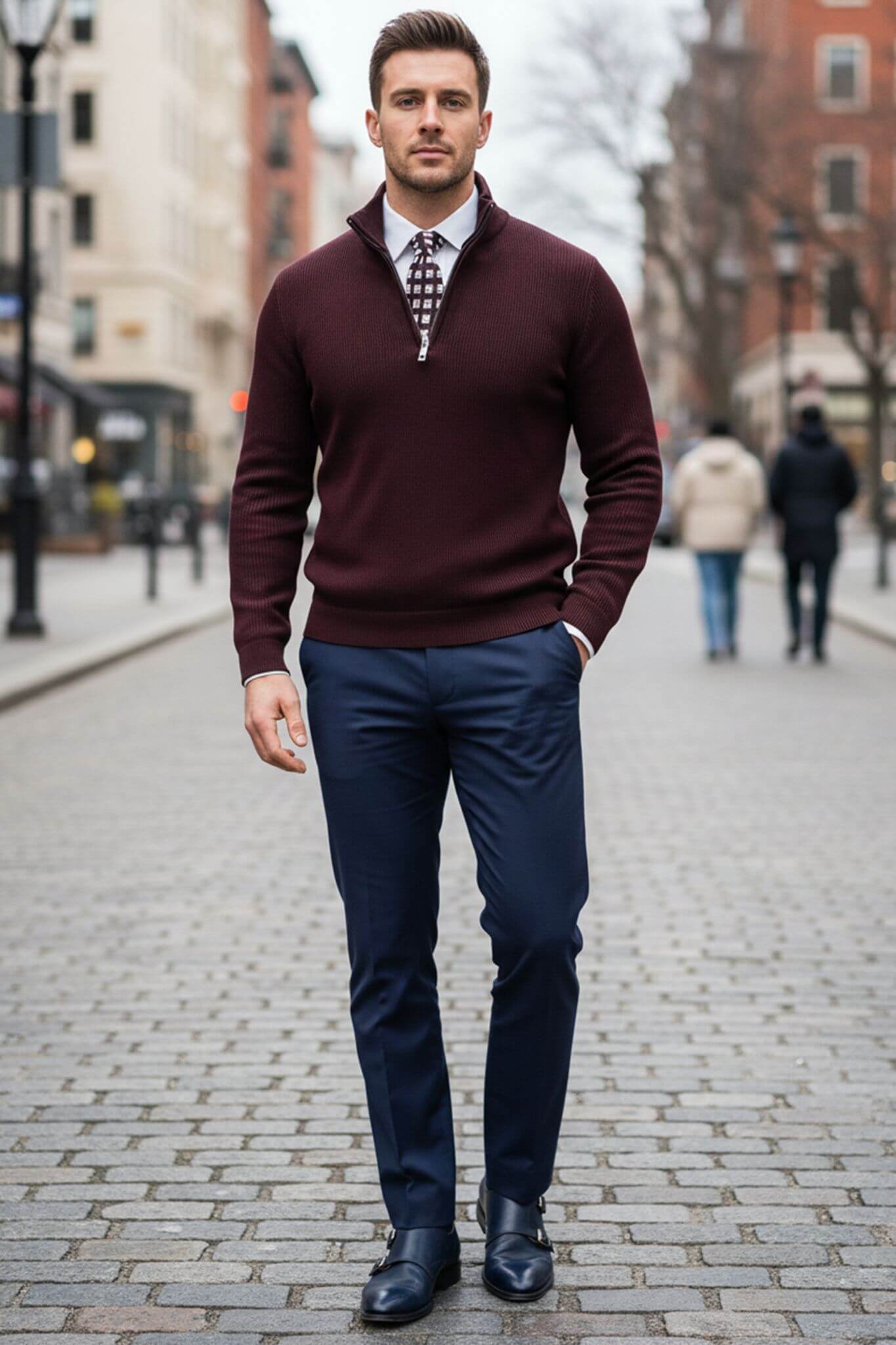 Men's Burgundy Quarter - Zip Sweater | Ribbed Knit Slim Fit - SUITHARBOR