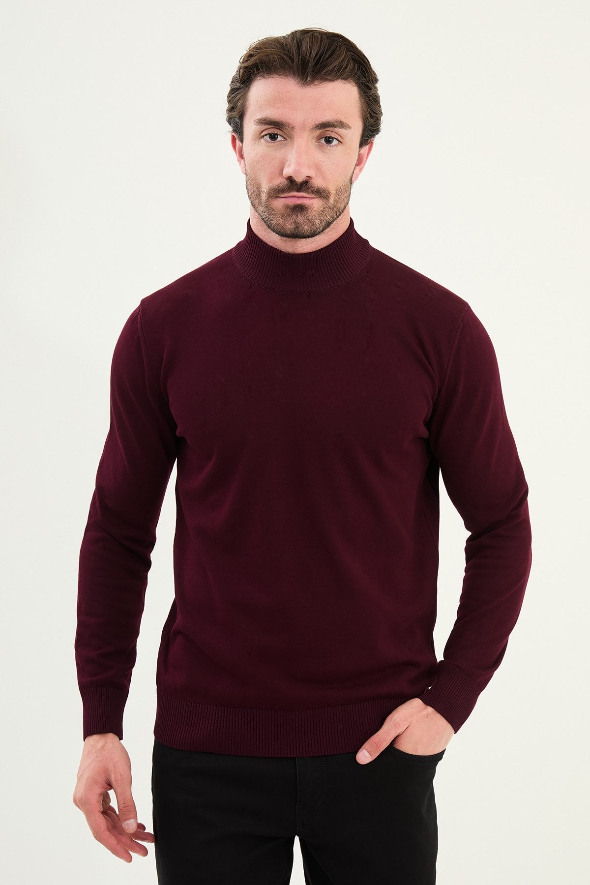 Men’s Burgundy Slim Fit Mock Neck Knitwear Sweater - SUITHARBOR