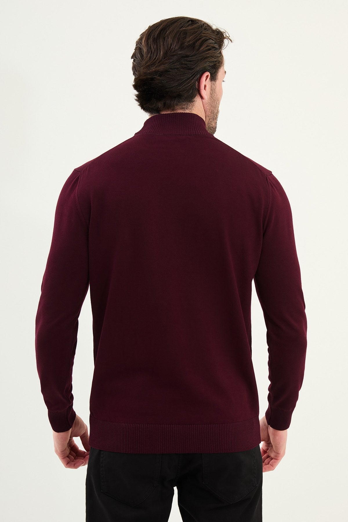 Men’s Burgundy Slim Fit Mock Neck Knitwear Sweater - SUITHARBOR
