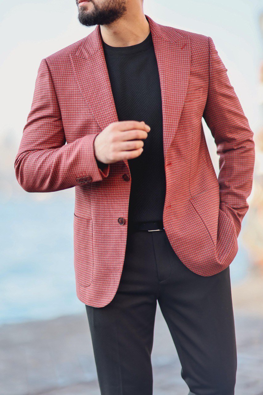 Men’s Burgundy Slim Fit Textured Mono - Collar Jacket - SUITHARBOR