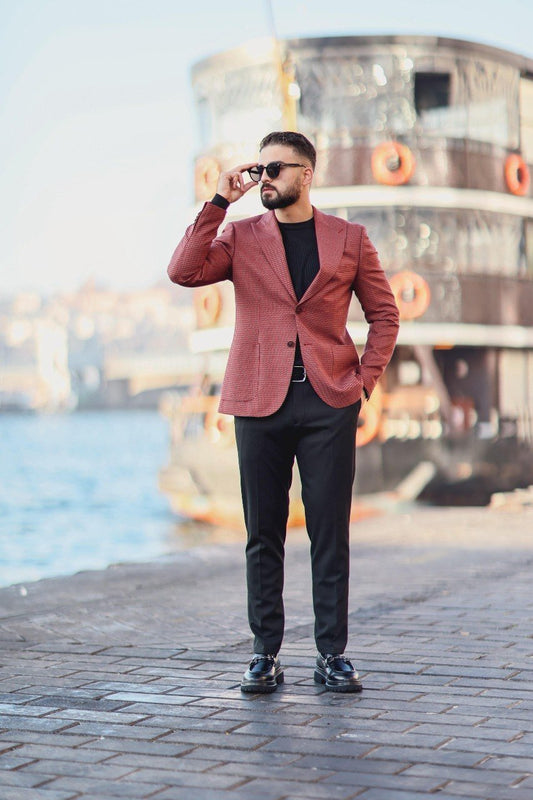 Men’s Burgundy Slim Fit Textured Mono - Collar Jacket - SUITHARBOR