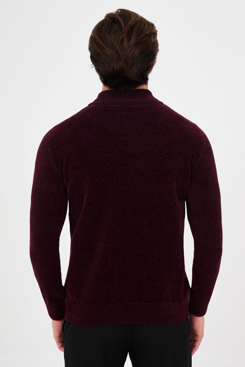 Back view of the men's burgundy textured quarter-zip sweater