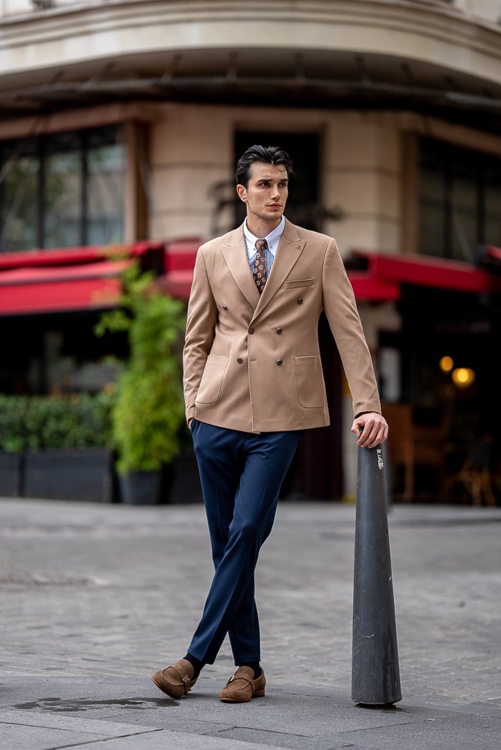 Men’s Camel Double - Breasted Blazer - SUITHARBOR
