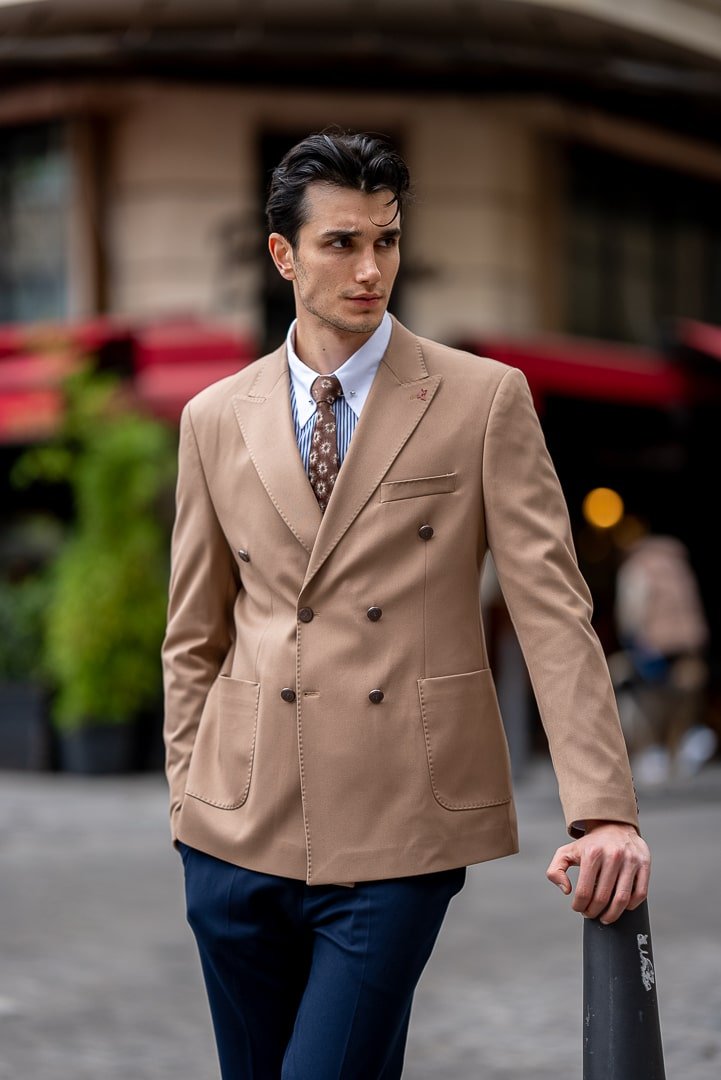 Men’s Camel Double - Breasted Blazer - SUITHARBOR