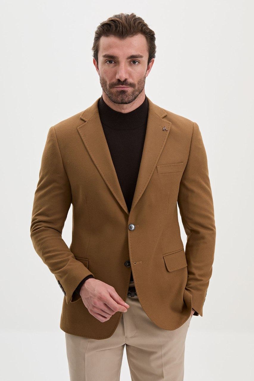 Men's camel blazer, front closer view