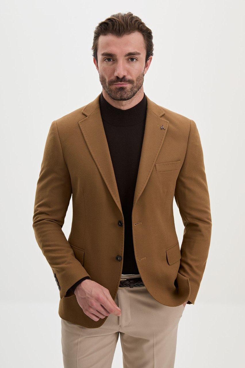 Men's camel blazer, front view