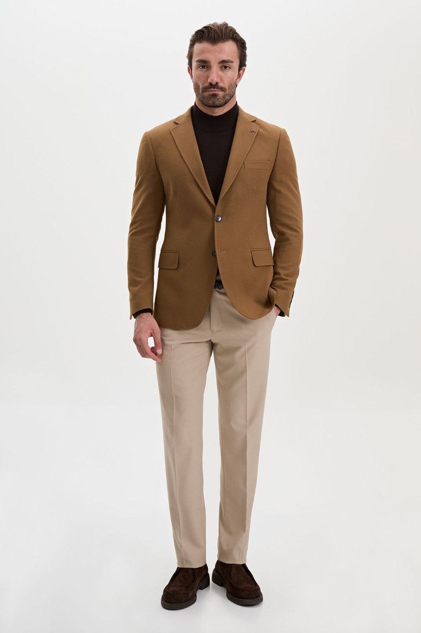 Men's camel blazer, full length view