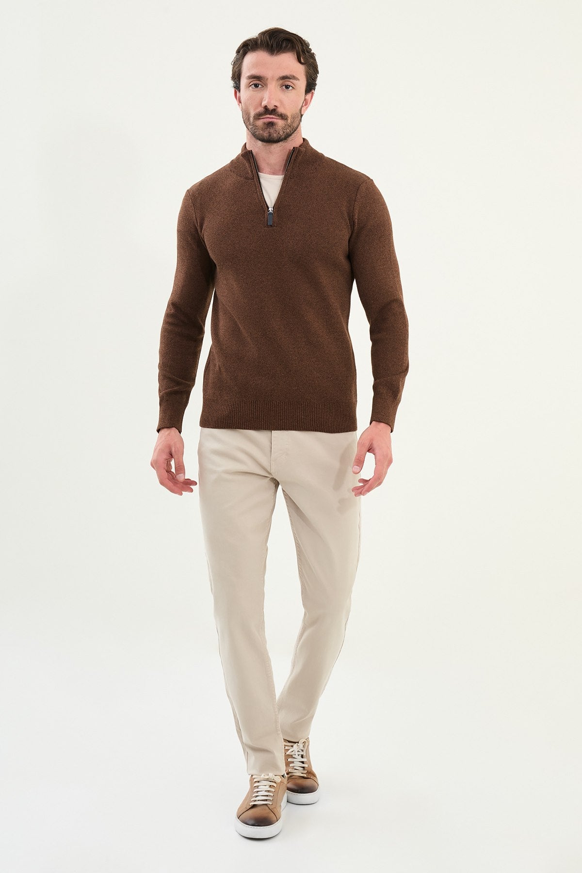 Men’s Camel Slim Fit Half - Zip Knitwear Sweater - SUITHARBOR