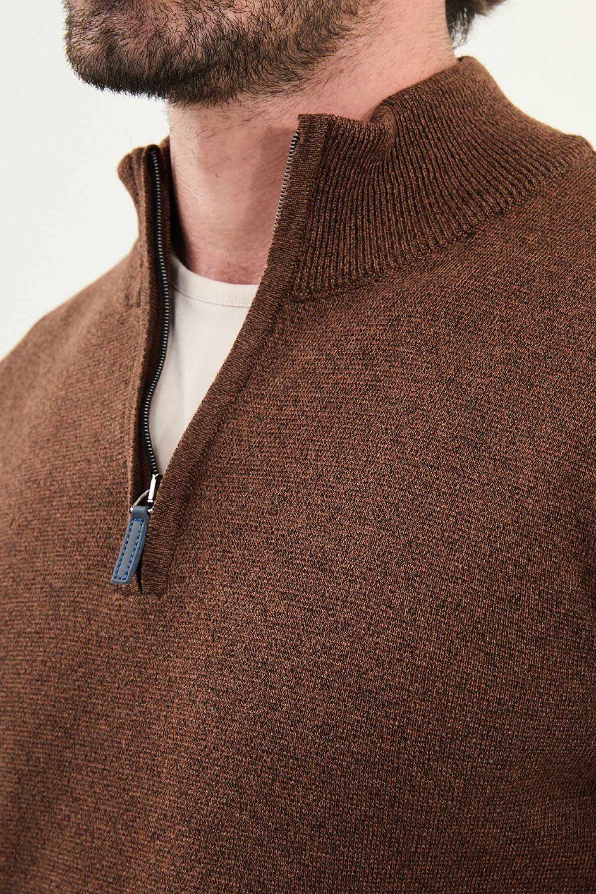 Men’s Camel Slim Fit Half - Zip Knitwear Sweater - SUITHARBOR