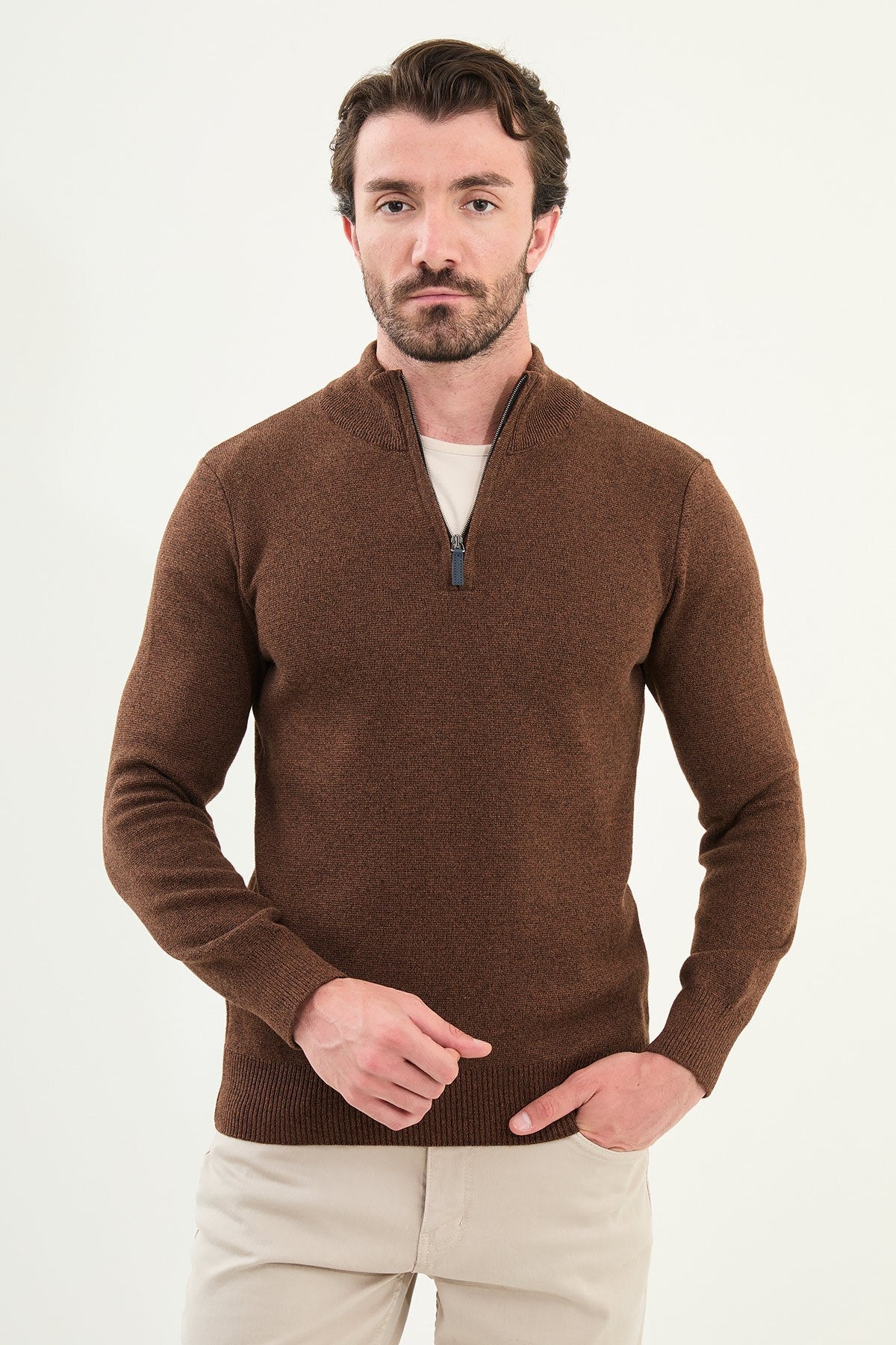 Men’s Camel Slim Fit Half - Zip Knitwear Sweater - SUITHARBOR
