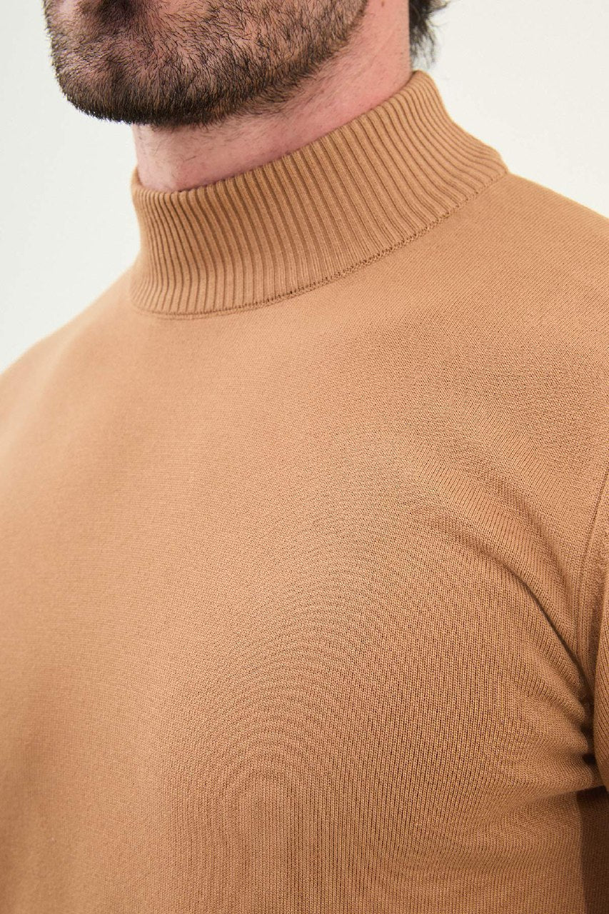 Men’s Camel Slim Fit Mock Neck Knitwear Sweater - SUITHARBOR