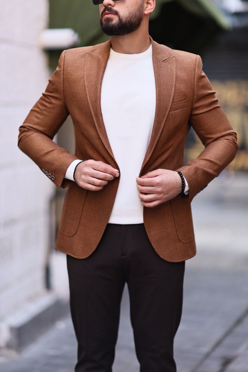 Men’s Camel Slim Fit Mono - Collar Textured Jacket - SUITHARBOR