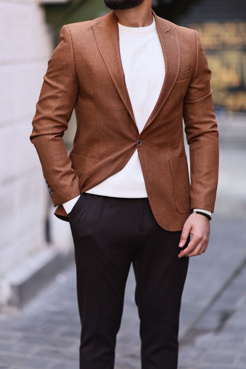Men’s Camel Slim Fit Mono - Collar Textured Jacket - SUITHARBOR
