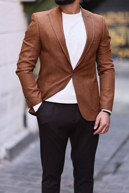Men’s Camel Slim Fit Mono - Collar Textured Jacket - SUITHARBOR