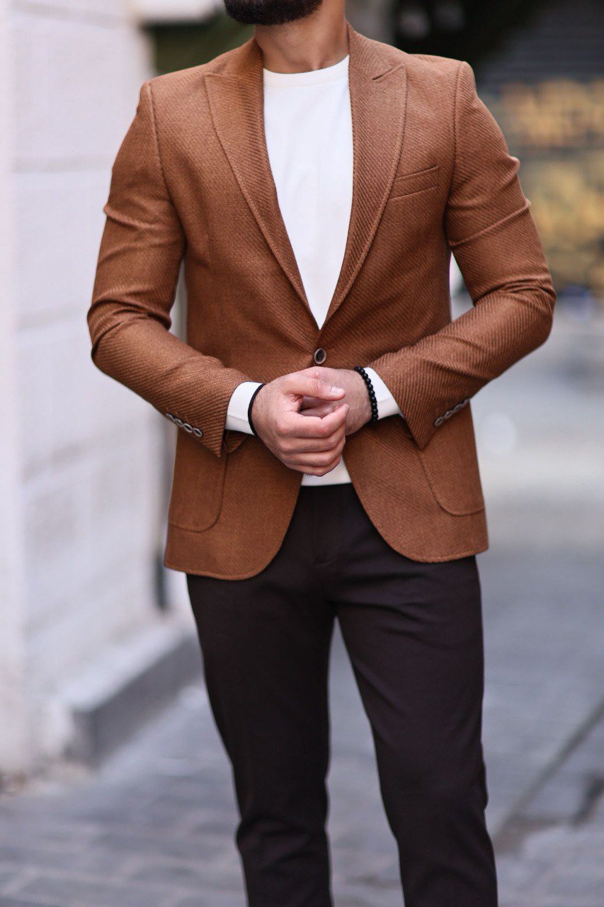 Men’s Camel Slim Fit Mono - Collar Textured Jacket - SUITHARBOR