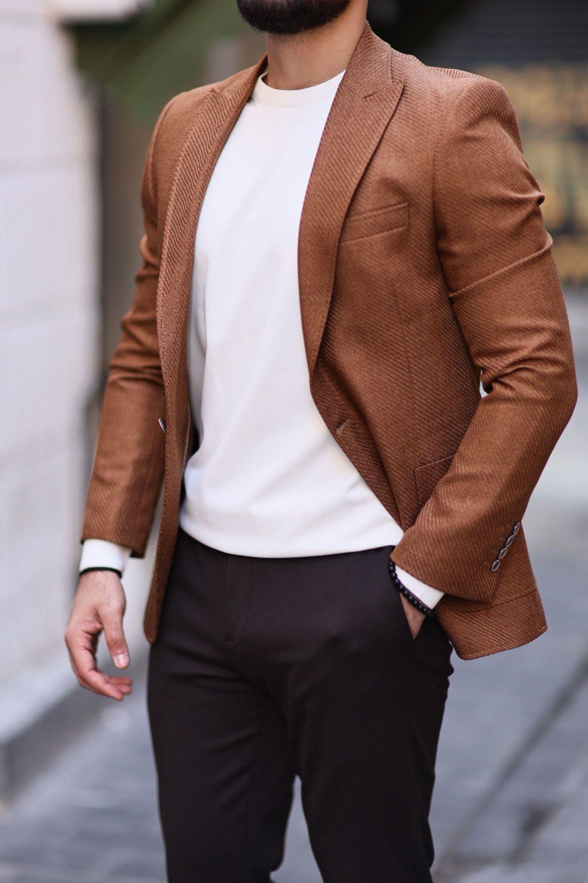 Men’s Camel Slim Fit Mono - Collar Textured Jacket - SUITHARBOR