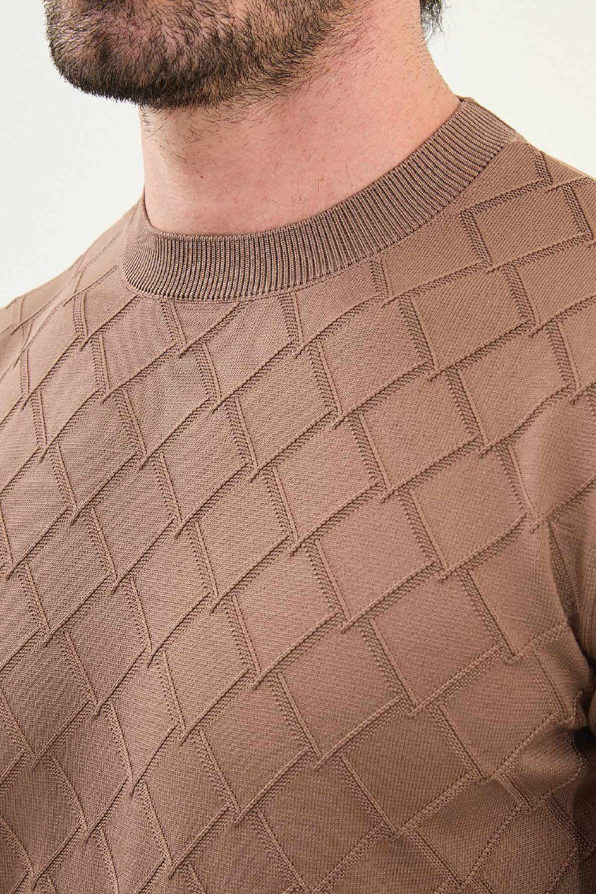 Men’s Camel Textured Knit Sweater - SUITHARBOR