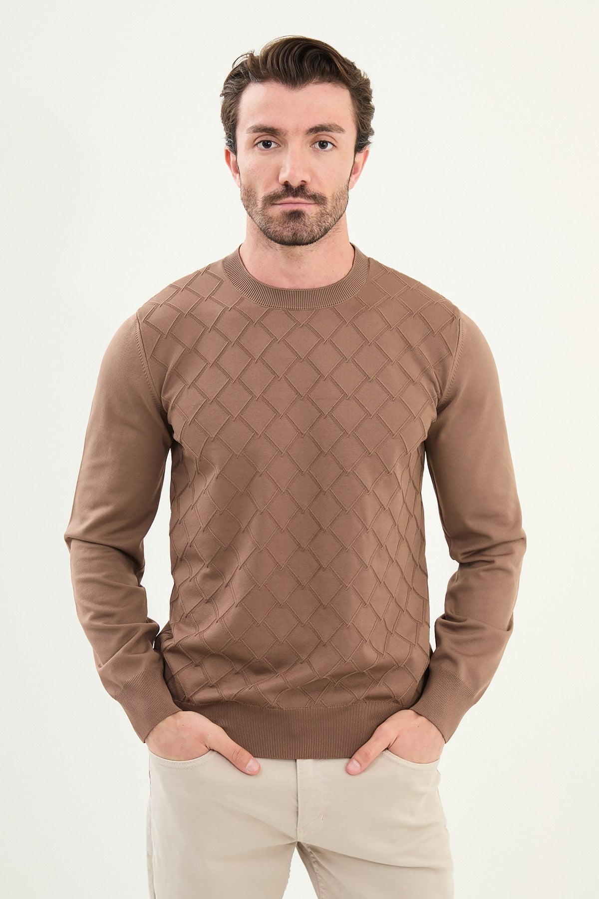 Men’s Camel Textured Knit Sweater - SUITHARBOR