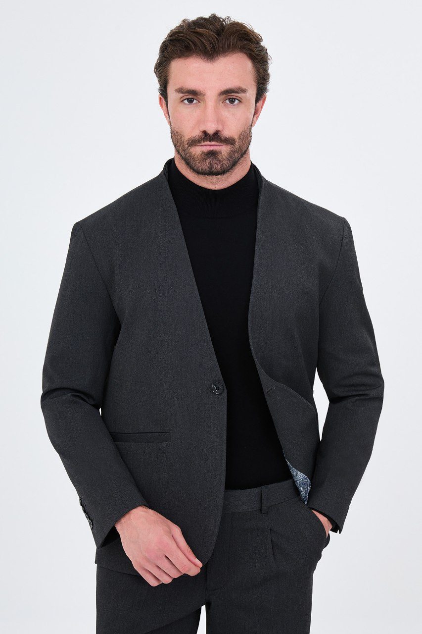 Men's charcoal grey collarless one-button two-piece suit front styling