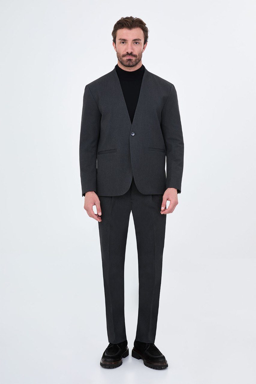 Men's charcoal grey collarless one-button two-piece suit full-length front