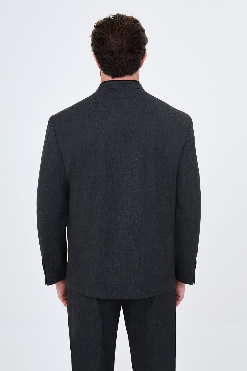 Men's charcoal grey collarless one-button two-piece suit back view