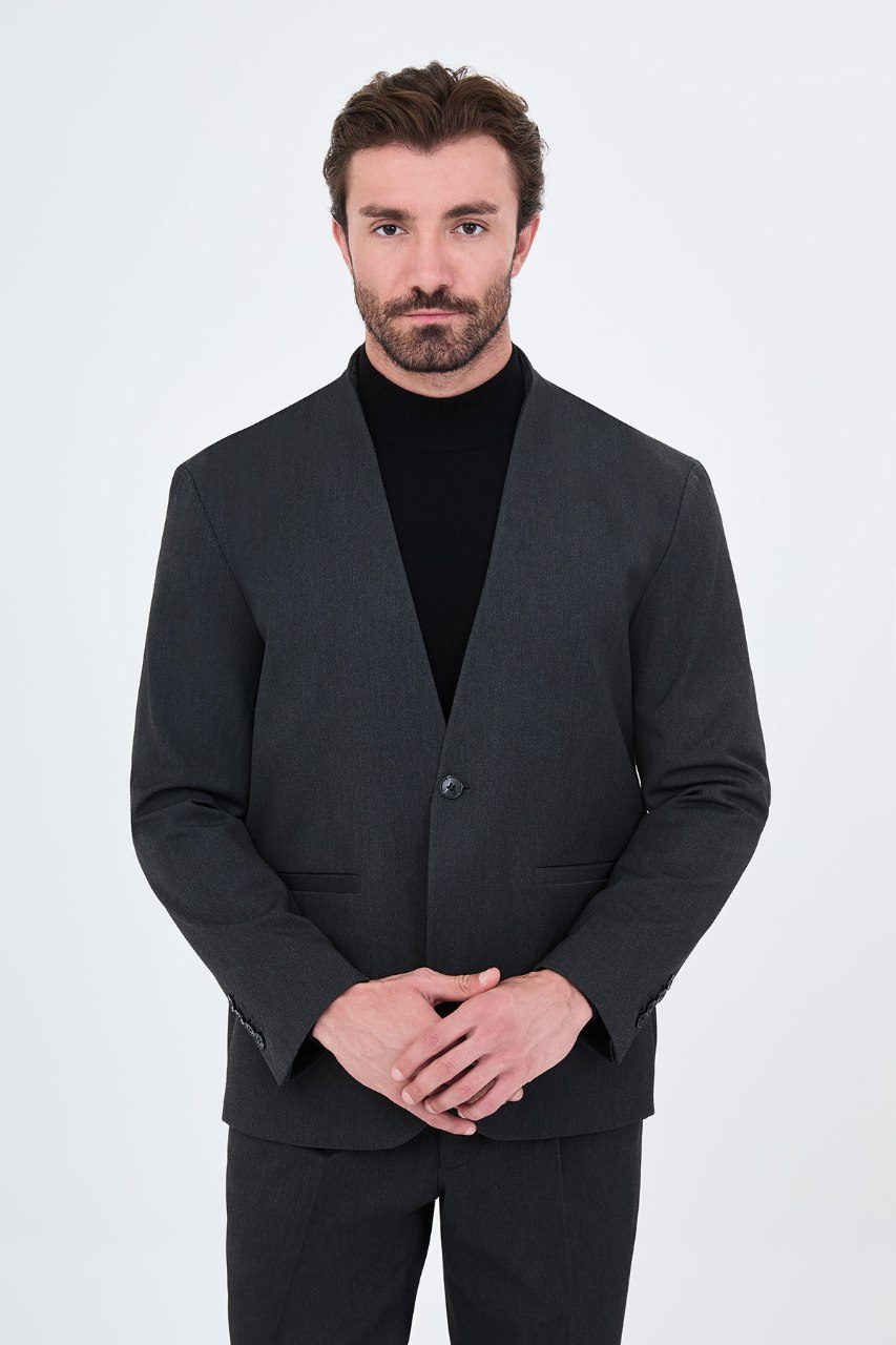 Men's charcoal grey collarless one-button two-piece suit close front view