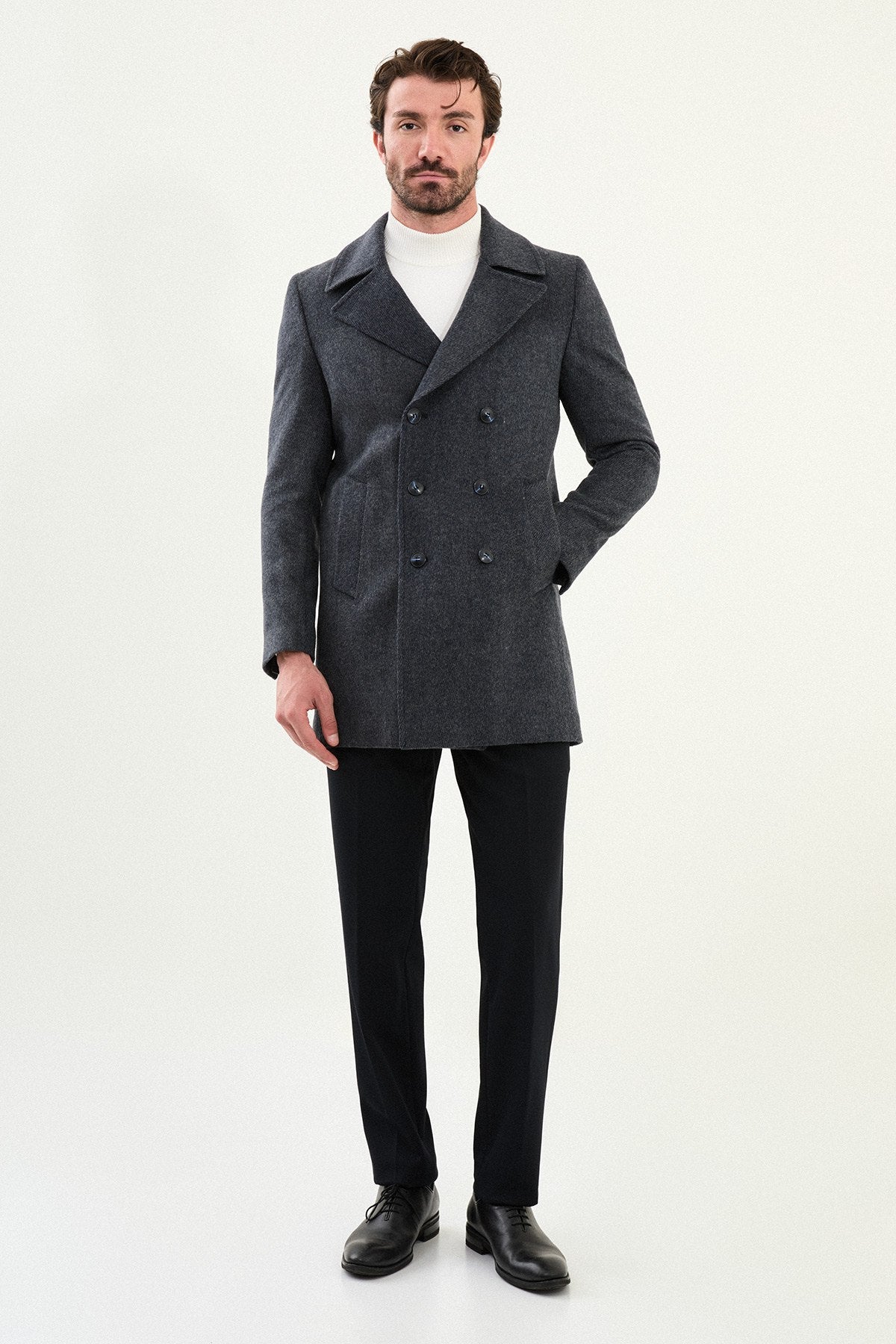 Men’s Charcoal Double - Breasted Wool - Blend Coat - SUITHARBOR