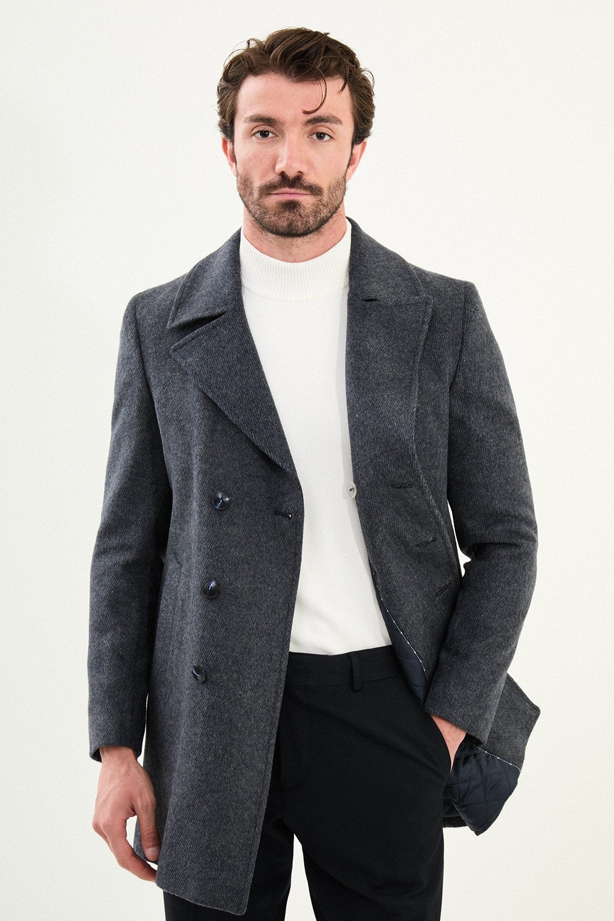 Men’s Charcoal Double - Breasted Wool - Blend Coat - SUITHARBOR