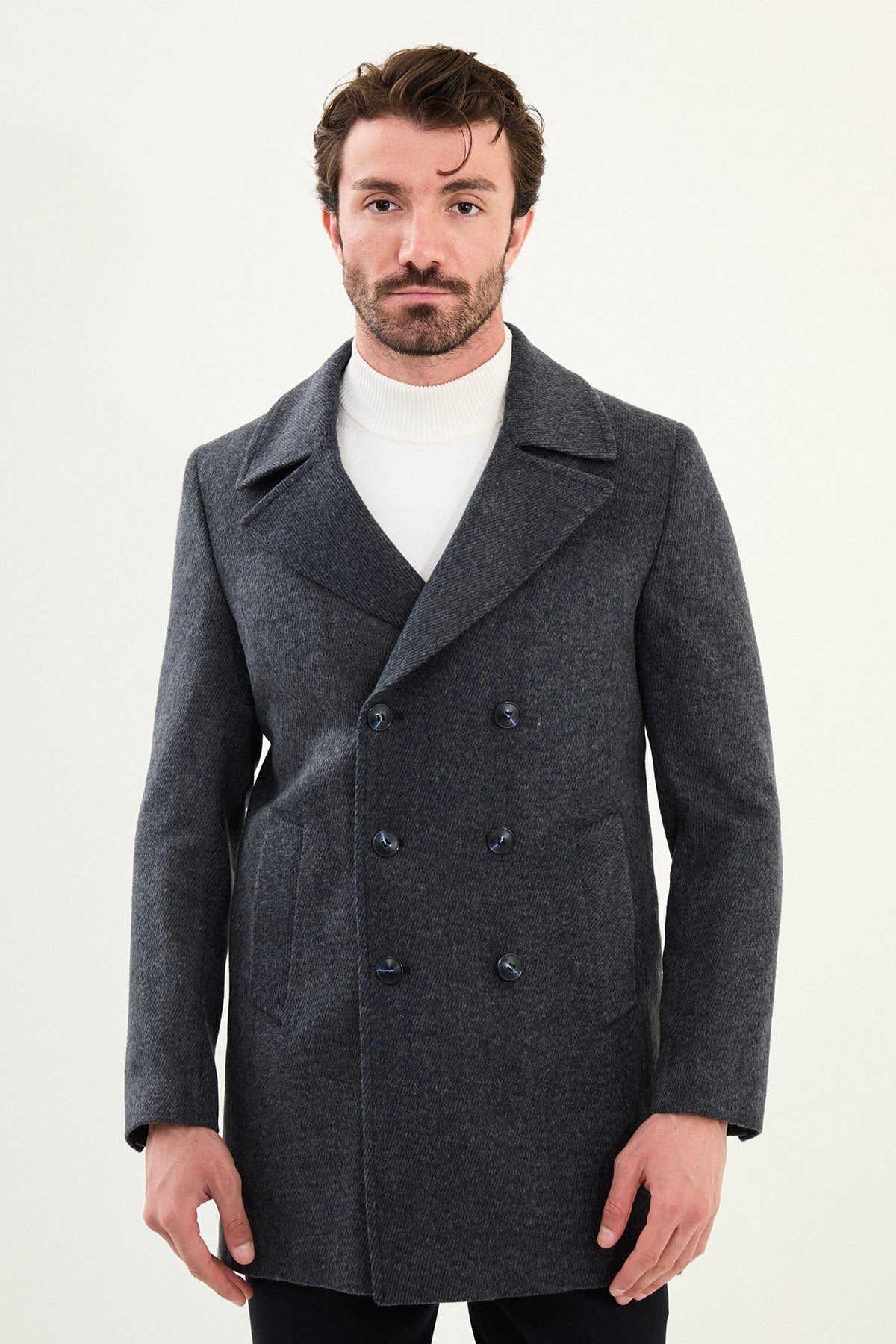 Men’s Charcoal Double - Breasted Wool - Blend Coat - SUITHARBOR