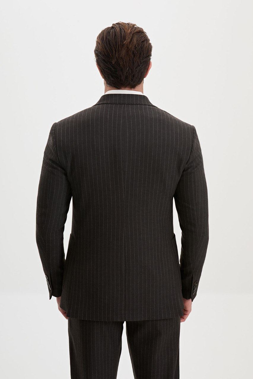 Men's charcoal brown pinstripe blazer, back view