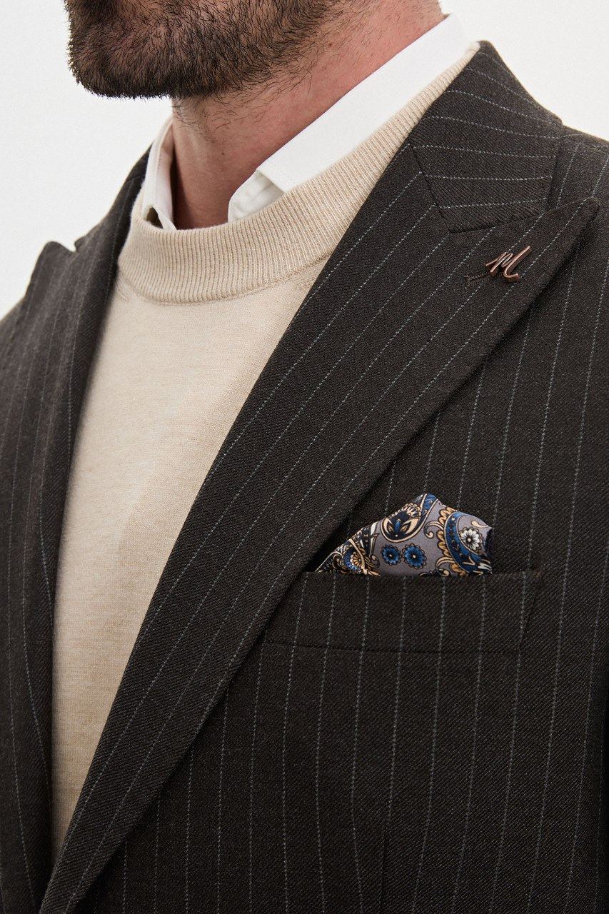 Men's charcoal brown pinstripe blazer, detail view