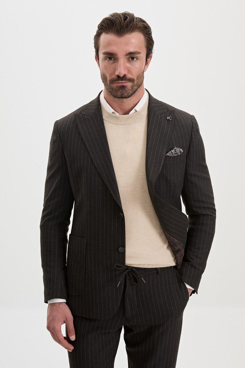 Men's charcoal brown pinstripe blazer, front view