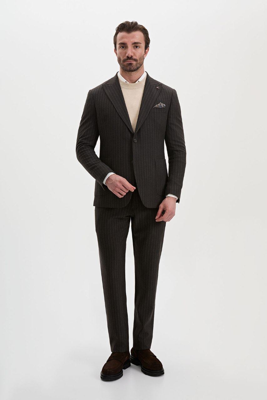 Men's charcoal brown pinstripe blazer, full view