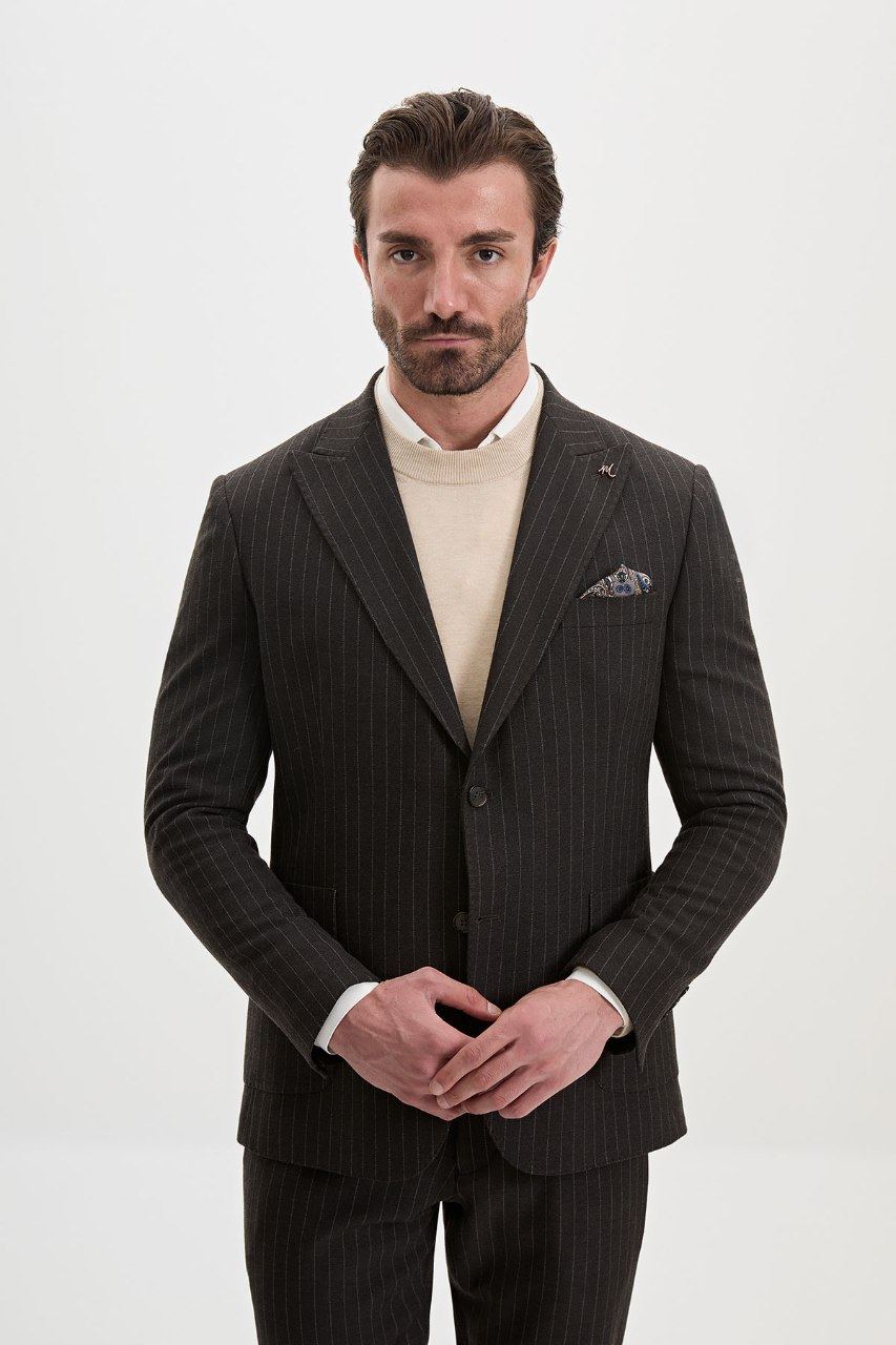 Men's charcoal brown pinstripe blazer, portrait view