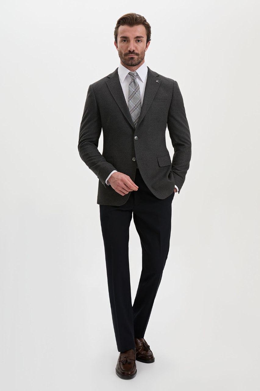Men's charcoal grey blazer, full length view