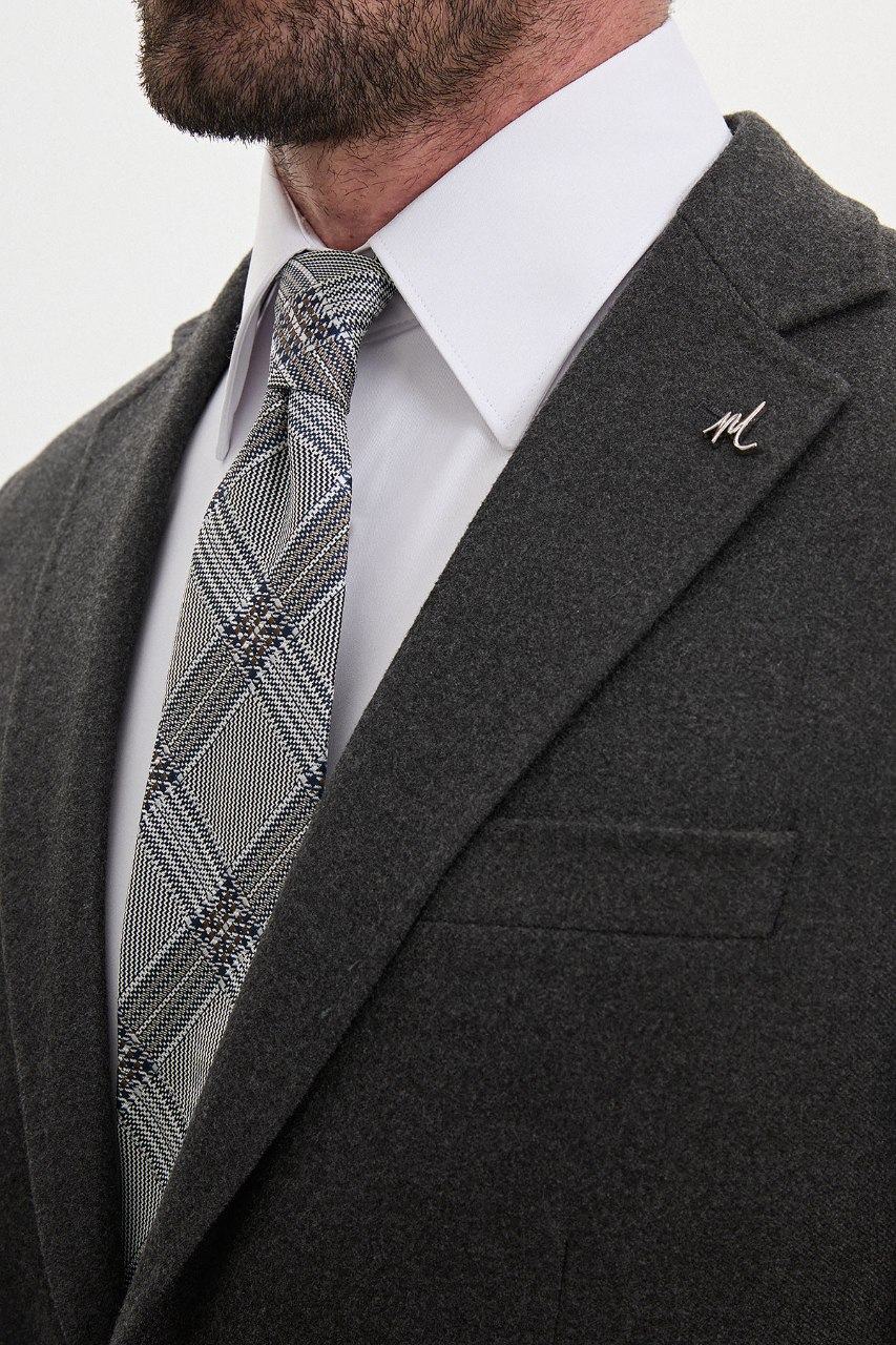 Men's charcoal grey blazer, lapel detail view