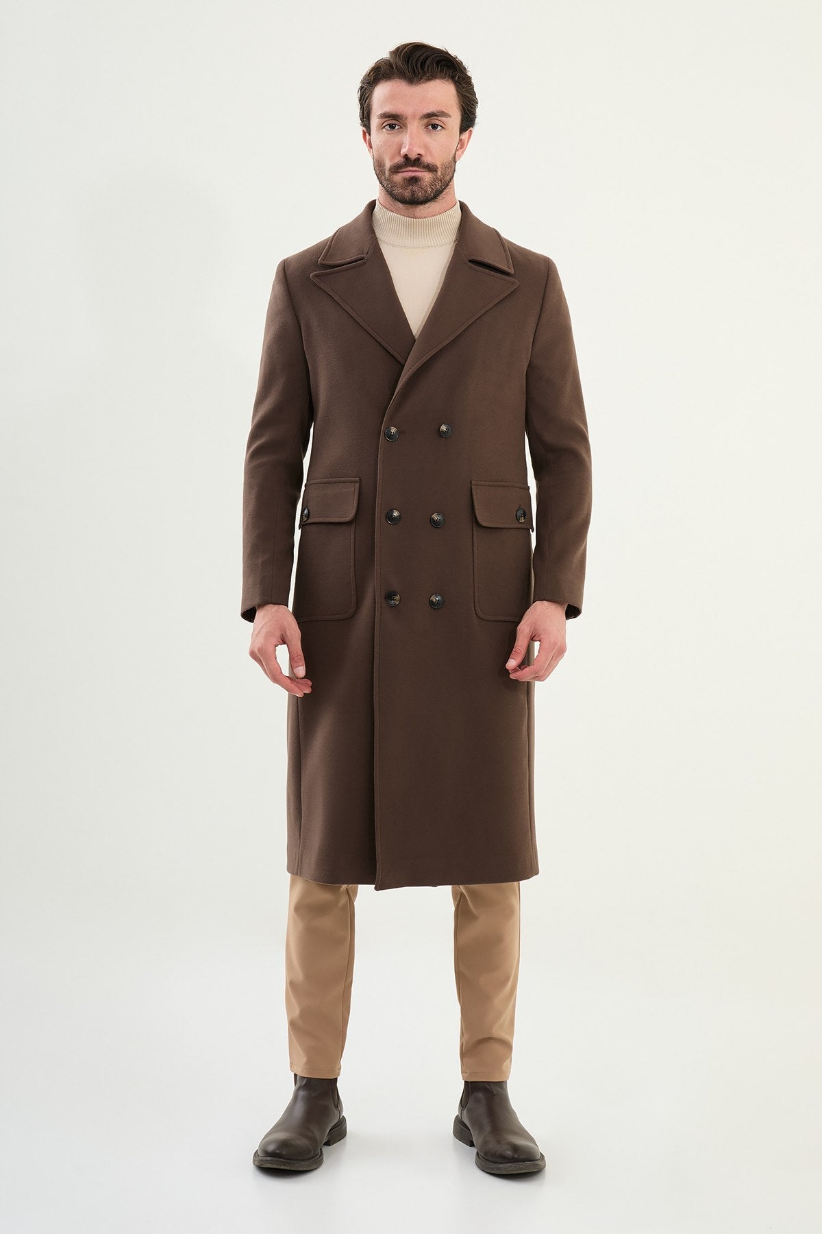 Men’s Chocolate Brown Double - Breasted Long Trench Coat - SUITHARBOR