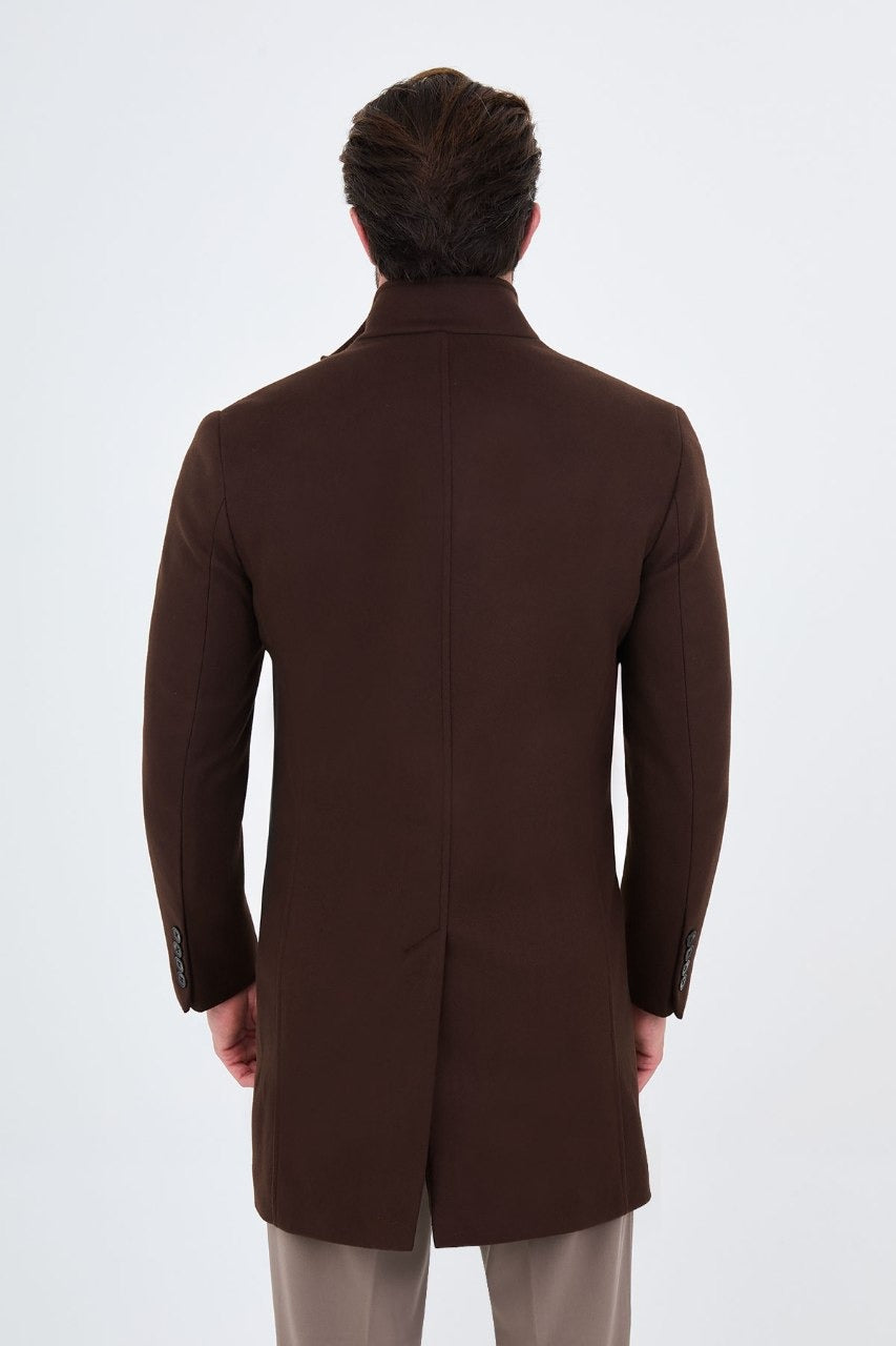 Men’s chocolate brown stand-collar wool-blend overcoat, back view