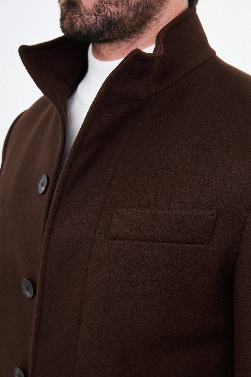 Men’s chocolate brown stand-collar wool-blend overcoat, collar detail view