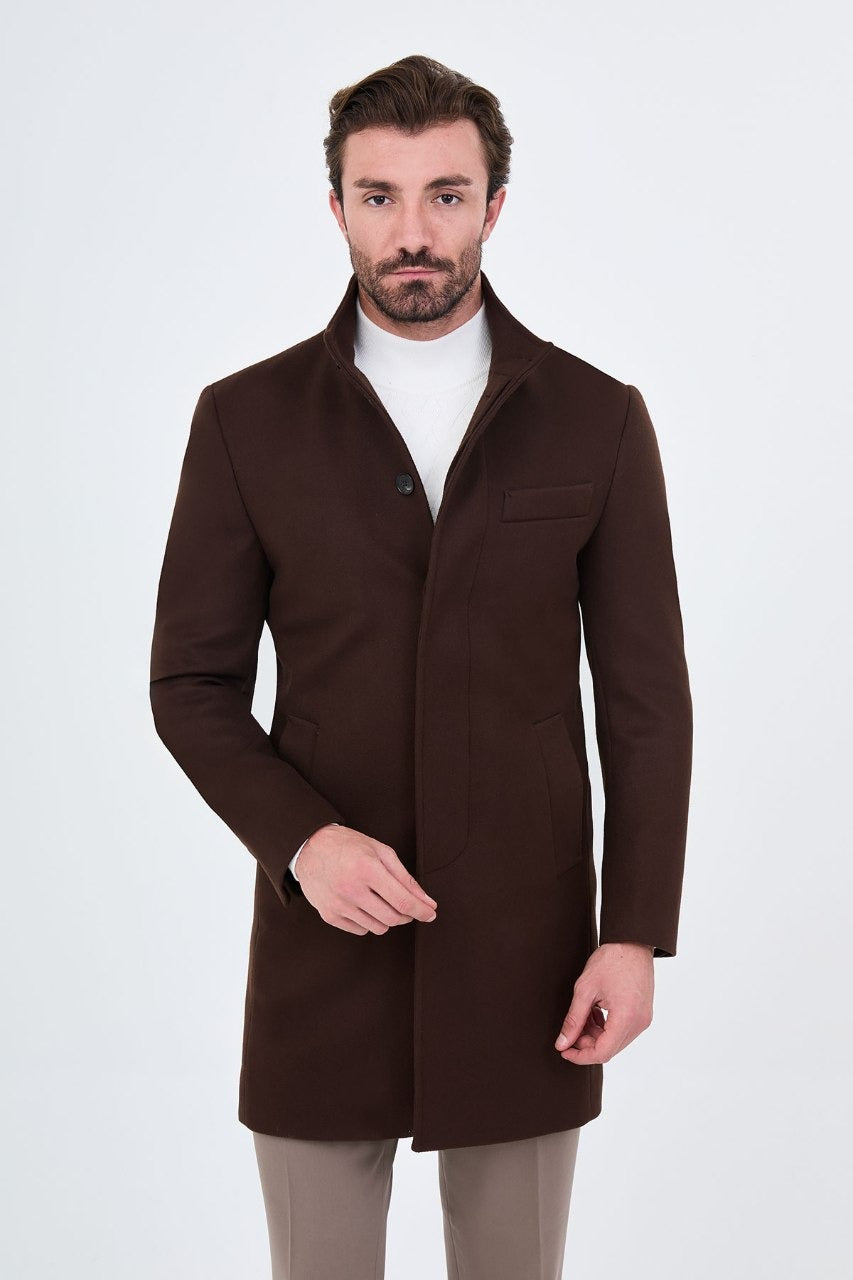 Men’s chocolate brown stand-collar wool-blend overcoat, front fastened view