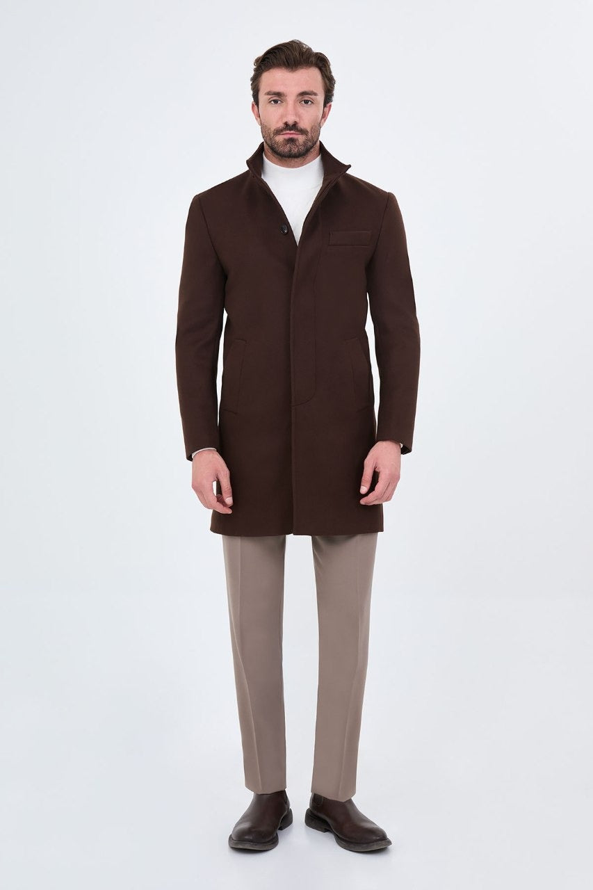 Men’s chocolate brown stand-collar wool-blend overcoat, front full view