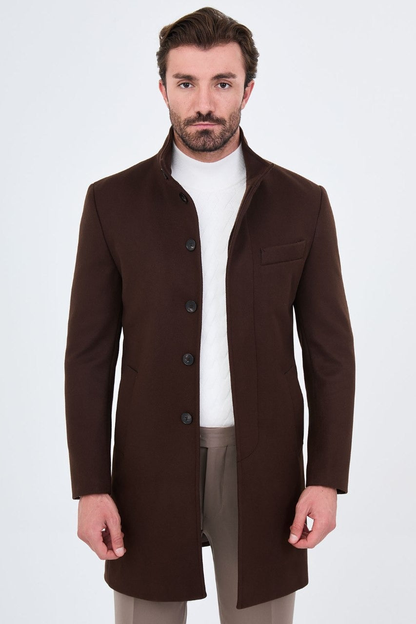 Men’s chocolate brown stand-collar wool-blend overcoat, front open view