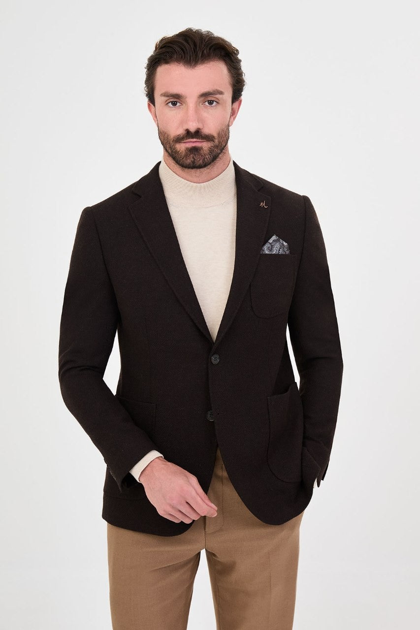Men’s chocolate brown single-breasted blazer, alternate front view