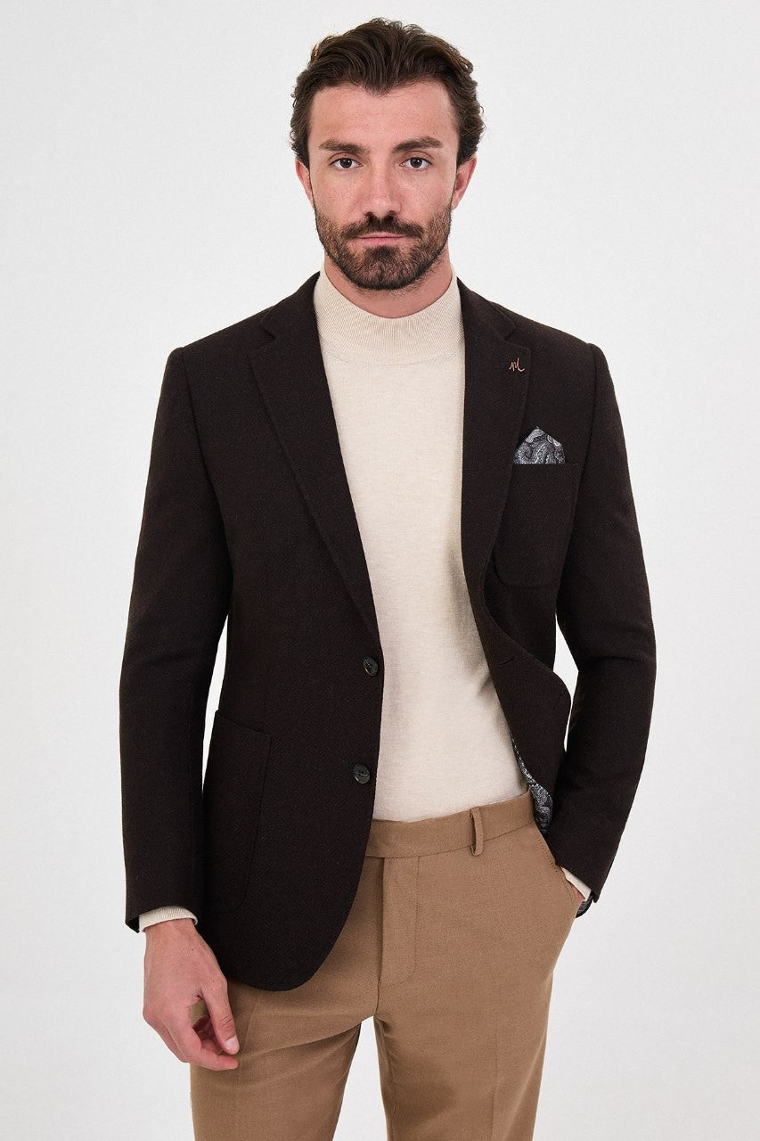 Men’s chocolate brown blazer, front view